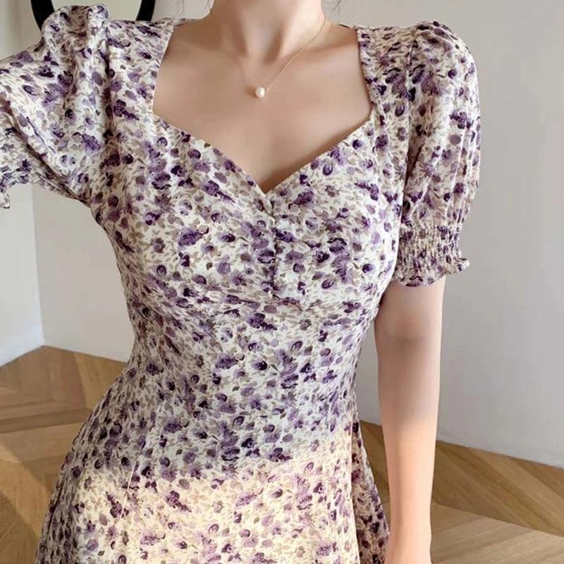 

Платье миди с принтом, женское элегантное трапециевидное корейское винтажное платье с коротким рукавом, летние женские платья 2021, вечерние платья с квадратным воротником в стиле бохо, Vestidos L