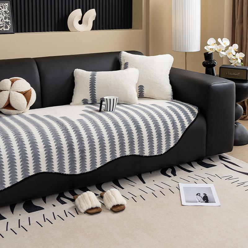

Winter Retro Imitation Rabbit Plush Sofa Cover Non-Slip Couch Slipcover Protector Universal Irregularity Stripe Sofa Cushion 90x90
