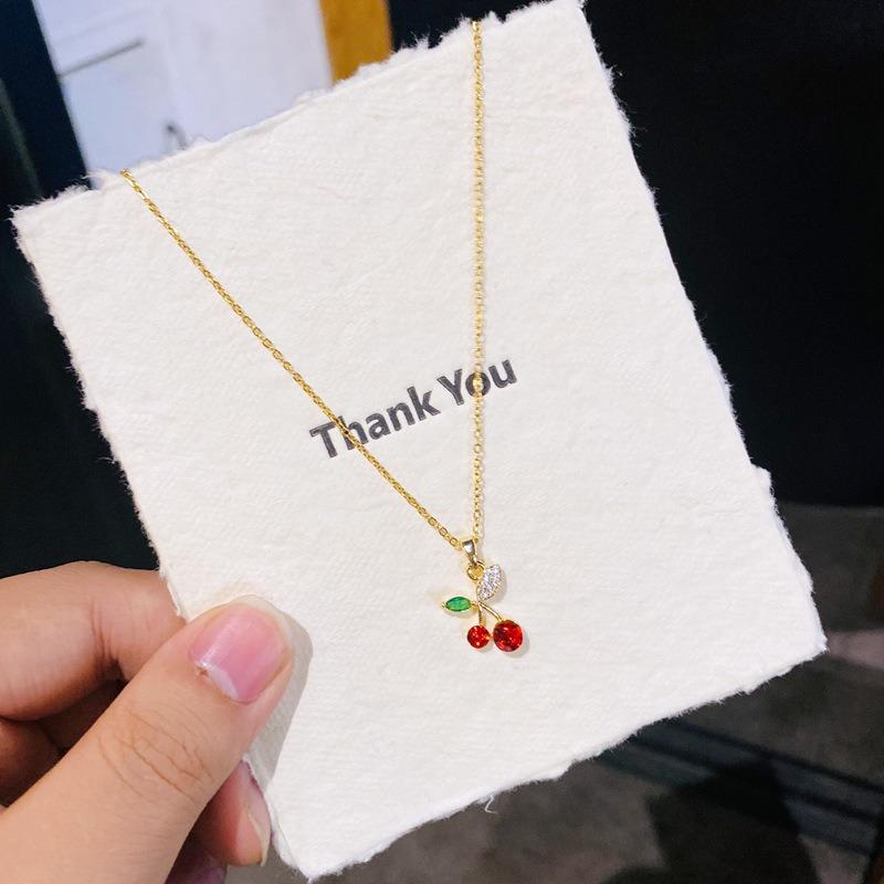 Korean Style Fresh Red Cherry Pendant Titanium Steel Zircon Clavicle Necklace Women Summer Versatile