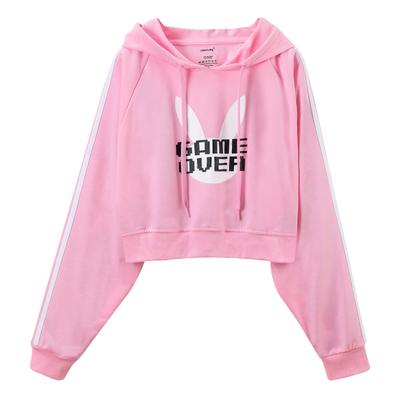 LittleForBig Women's Bunny Watch Crop Top Hoodie, Raglan Sleeve Casual Jacket, Pink, Size 2XL