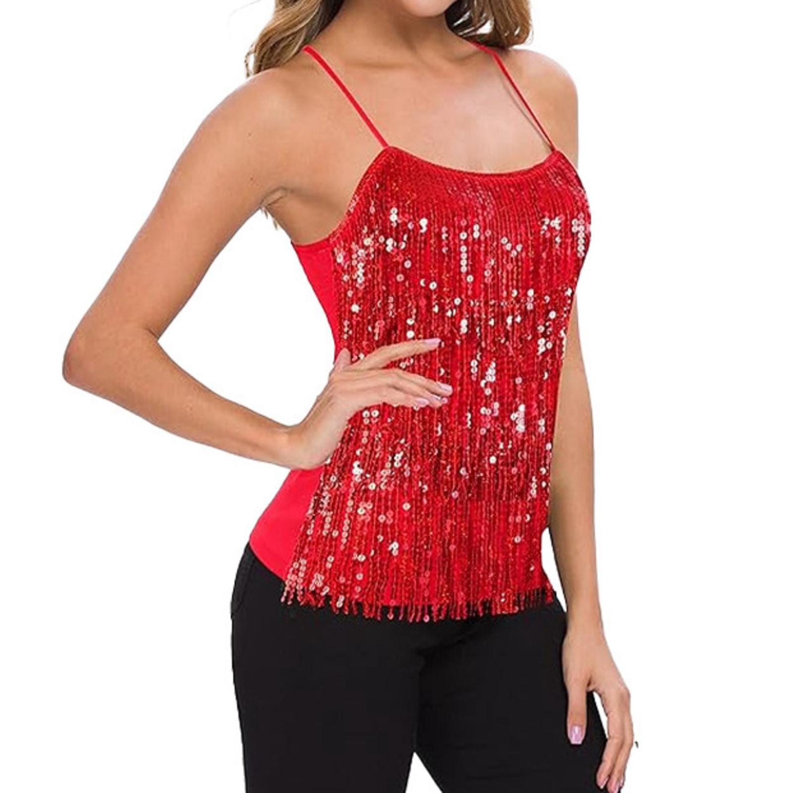 

Women s Sequined Tassel Top, Performance Costume, Dance Costume, Top XXL червоний