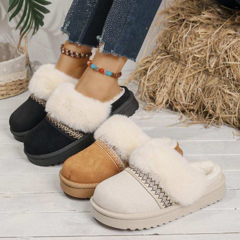 Cross-border Thick-soled Snow Boots Women's Hairy Mouth Bag Head Thickened Cotton Drag Women's Velvet Warm Indoor Home Can Wear Cotton Shoes Outside