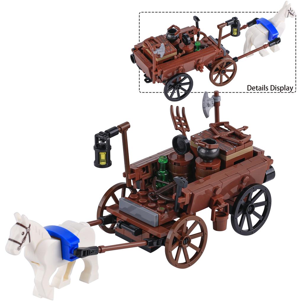 MOC Bricks War Medieval Carriage Building Blocks Knights Transport Cattle Cart Travelers Sachet Horse Chariot Prison Weapons Toy