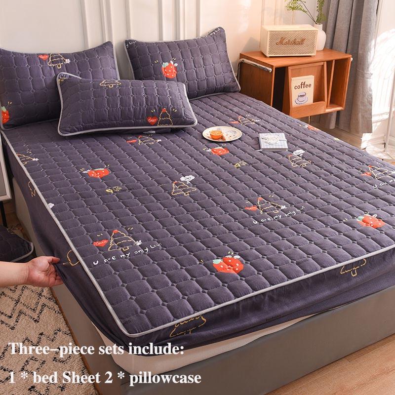 Bed Pillowcase Three-piece Non-slip Fixed Bed Cover Thickened Cotton Breathable Dust-proof Cover Mengsi Protective Cover Double Bed Set