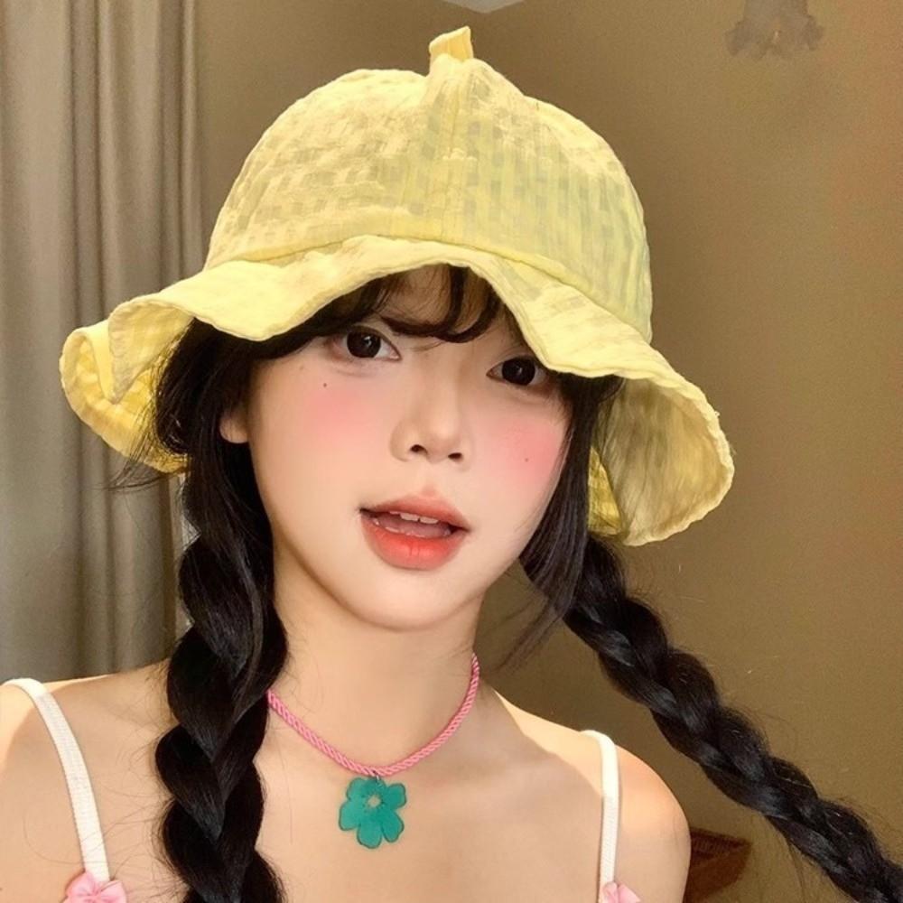 Japanese Plaid Bucket Cap Summer Women's Sun Hat Fashion Fisherman Caps  Outdoor
