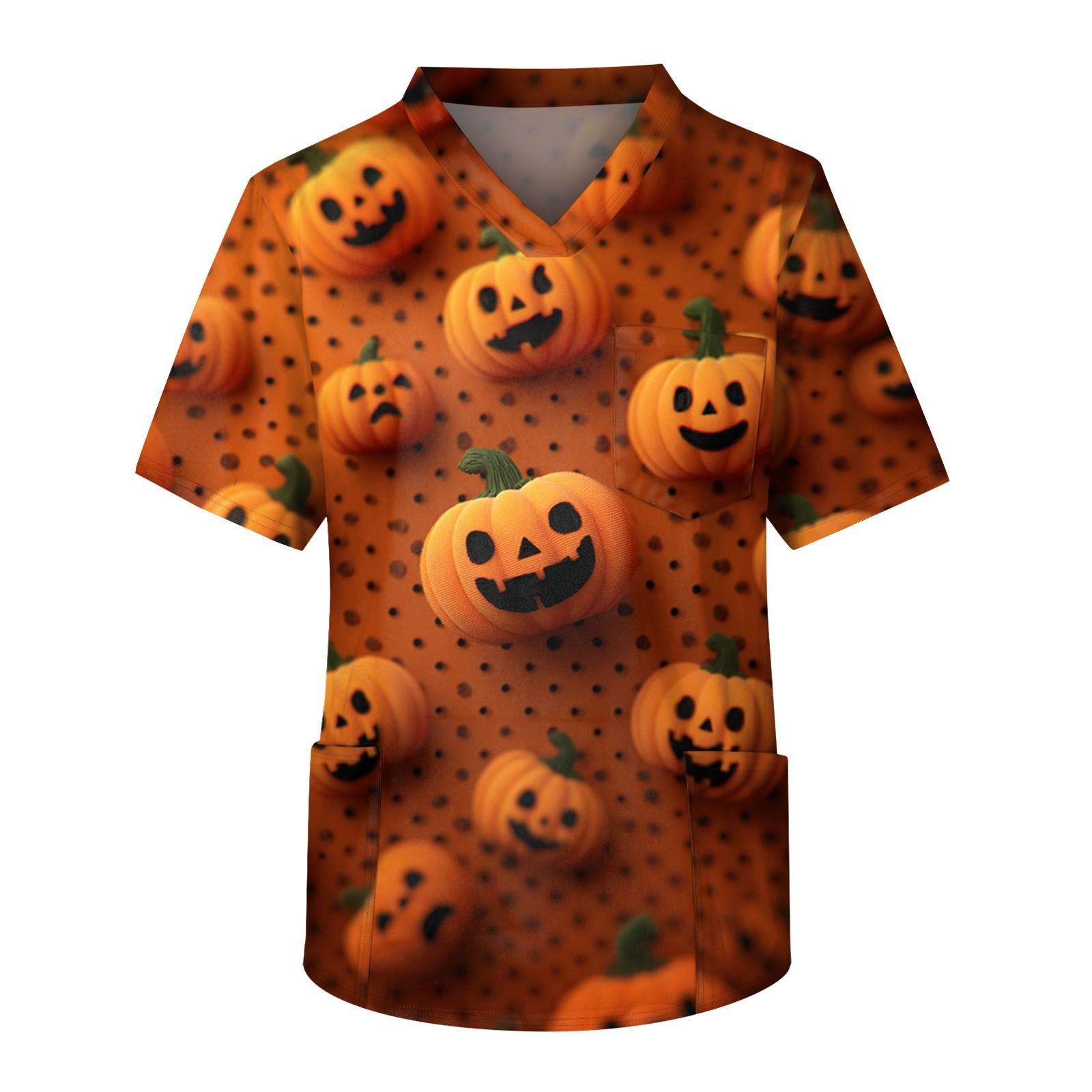 

Men s Short Sleeve V-Neck Halloween Print Chest Pocket Care Top S