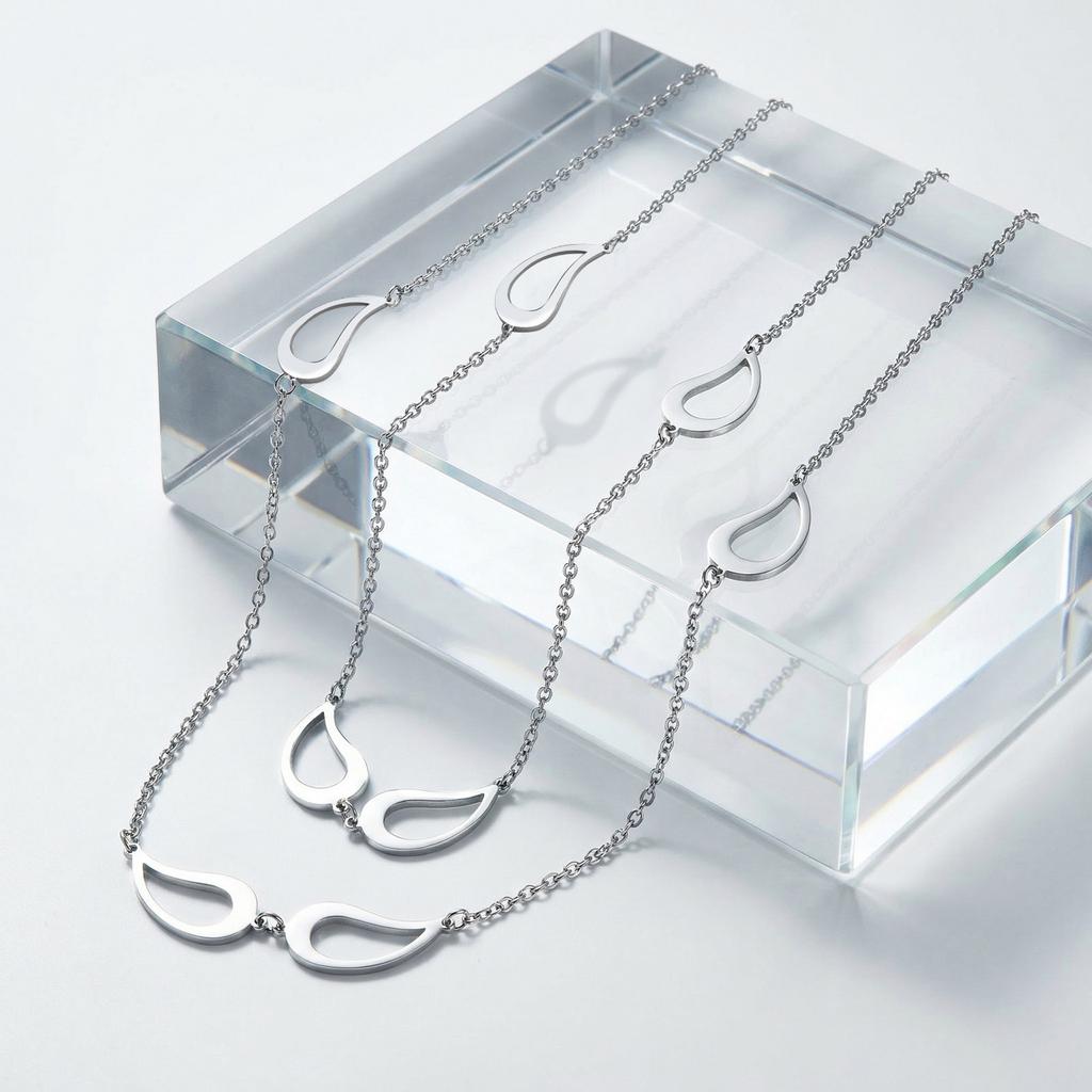 Women's Double Layer Necklace Long Chain Stainless Steel Hollow Teardrop Pendant Silver Color Layered Jewelry