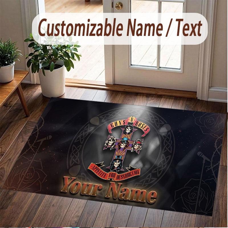 Custom Rug Guns N’ Roses Pattern Print Name Text Soft Non‑Slip Floor Carpet for Home Indoor Decoration