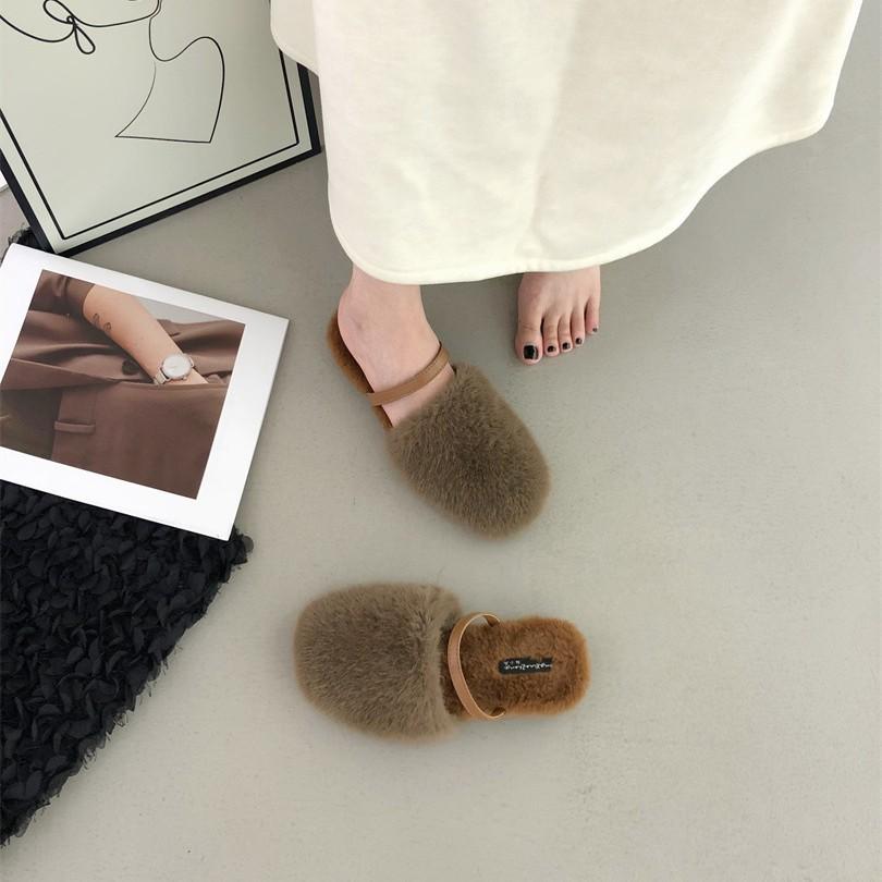 2025 autumn and winter fluff drag round head average size skin tone plush spot comfortable Korean version bag head thick heel