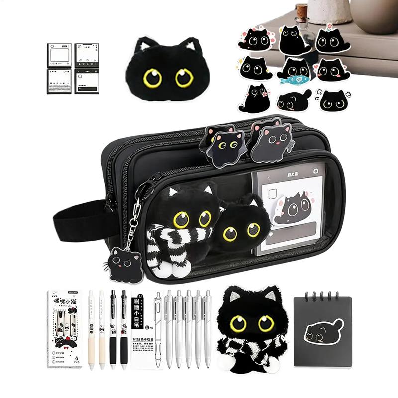 Trousse à Crayons Amovible Design Chat Noir Créatif 10 Compartiments Grande Capacité Étui à Papeterie Mignon pour Étudiant Bureau