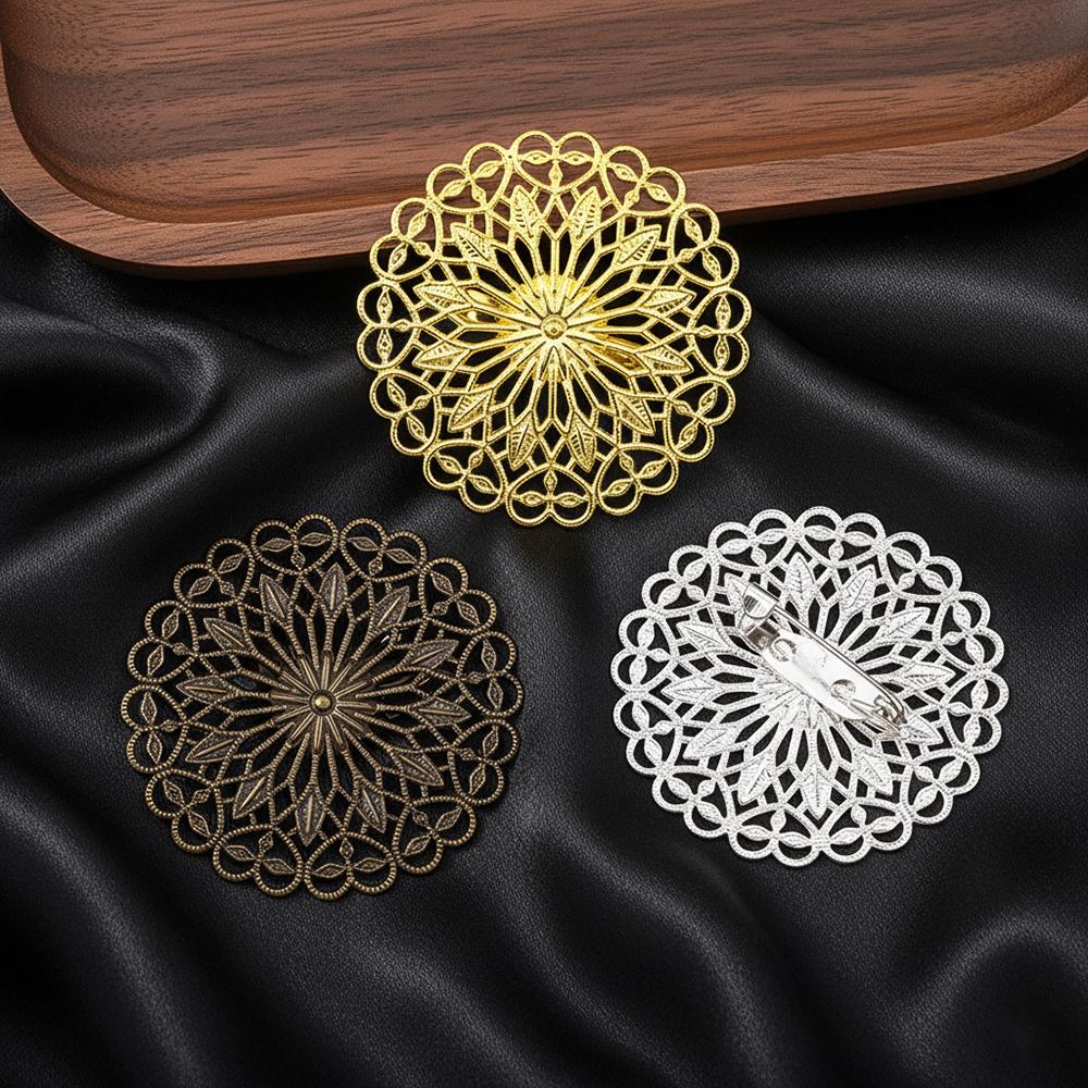 5pcs Round Flowers Brooch Base Pad Setting Base with Pin 38mm Copper Brass Filigree Wraps Connectors Jewelry Making Accessories