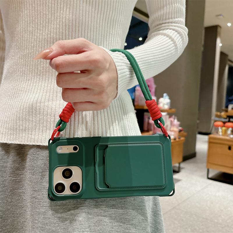 Short Rope Lanyard Phone Case For iPhone 17 Air 16 15 14 Plus 13 12 Mini 11 Pro Max X XR XS Max Card Clip Wallet Soft TPU Cover