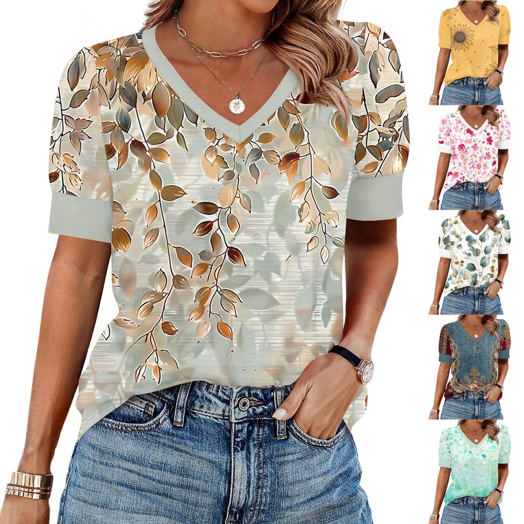 Women's Fashion Casual V- Neck Short Sleeve Print Shirt Women's Up Tops