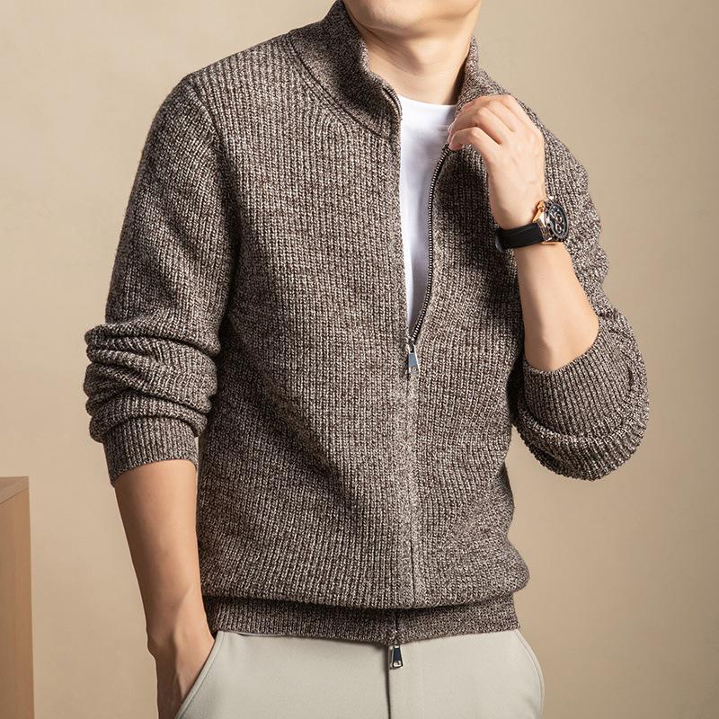 Men's Thick Rice Stitch Wool Cardigan, Zipper Stand Collar, Warm Autumn/Winter Sweater