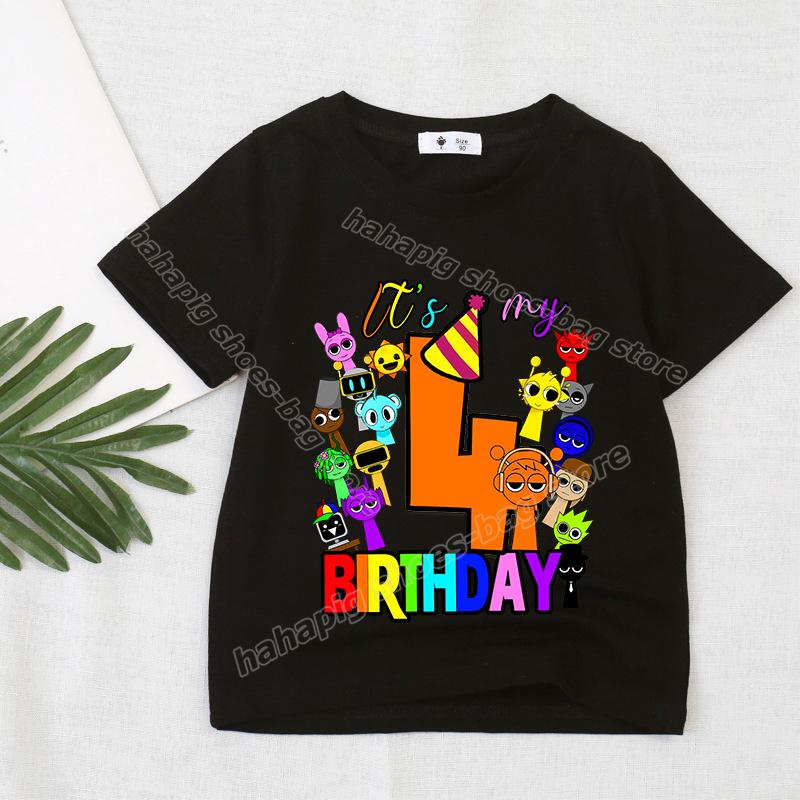 

Футболка с номером дня рождения Game Sprunki для девочек и мальчиков, футболки с коротким рукавом, летние повседневные детские топы, черная футболка, одежда для малышей с героями мультфильмов 110