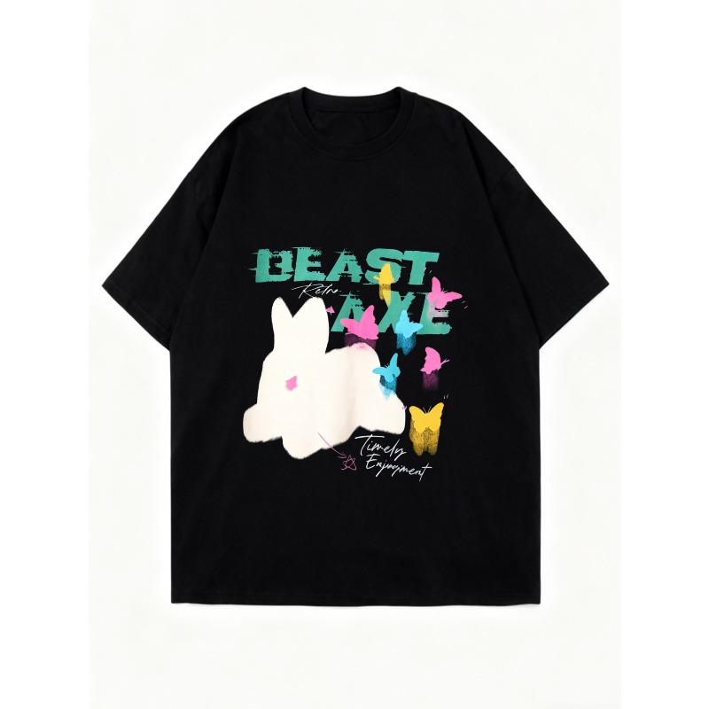 Oversized T Shirt Black Beast Axe Graphic Print With Bunny And Butterflies Design For Casual Wear