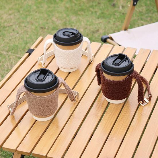 Cozy Fabric Cup Sleeve Plush Coffee Sleeve, Hand Strap Soft Insulated Holder, Autumn Winter Warmer Wrap Retro Style for And Daily Use Anti Scald Milk