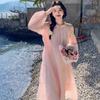Gentle Wind Neck Open Shoulder Long Sleeve Dress Women Spring Summer Autumn Small Loose Waist Beach Seaside A Word Long Dress