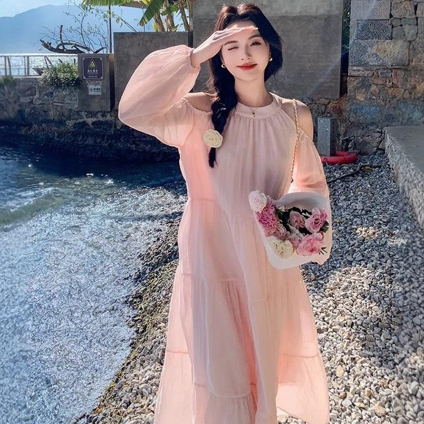 Gentle Wind Neck Open Shoulder Long Sleeve Dress Women Spring Summer Autumn Small Loose Waist Beach Seaside A Word Long Dress