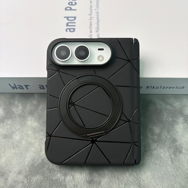 IPhone 18 Duo Foldable Phone Case With 360 Rotating Stand Magnetic Mid-Hinge Full-Body Leather Cover Anti-Drop Protection