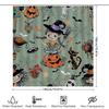 Halloween-Themed Shower Curtain Featuring A Witch Child With Broomstick And Cats Pumpkin Lanterns In Green Print Pattern For Bat