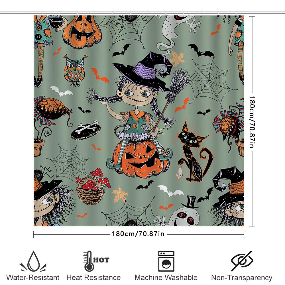 Halloween-Themed Shower Curtain Featuring A Witch Child With Broomstick And Cats Pumpkin Lanterns In Green Print Pattern For Bat