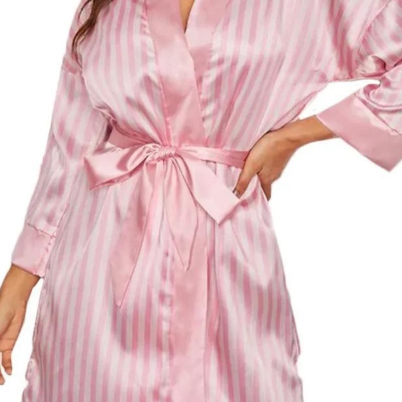 Women Satin Kimono Bathrobe Gown Summer V-Neck Nightgown Stripe Robe With Belt Bridal Wedding Sleepwear Loose Intimate Lingerie