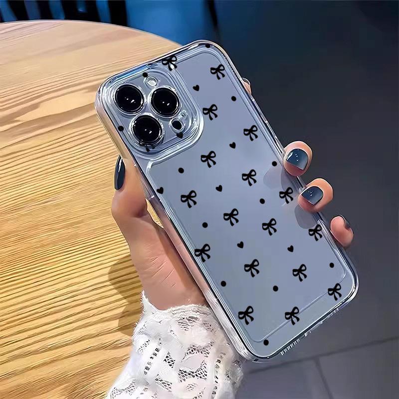 Black Bowknot Minimalist Printed Transparent Anti-Fall Phone Case for Iphone 16 15 14 13 12 11 Pro Max 7 8 Plus 16E Cover