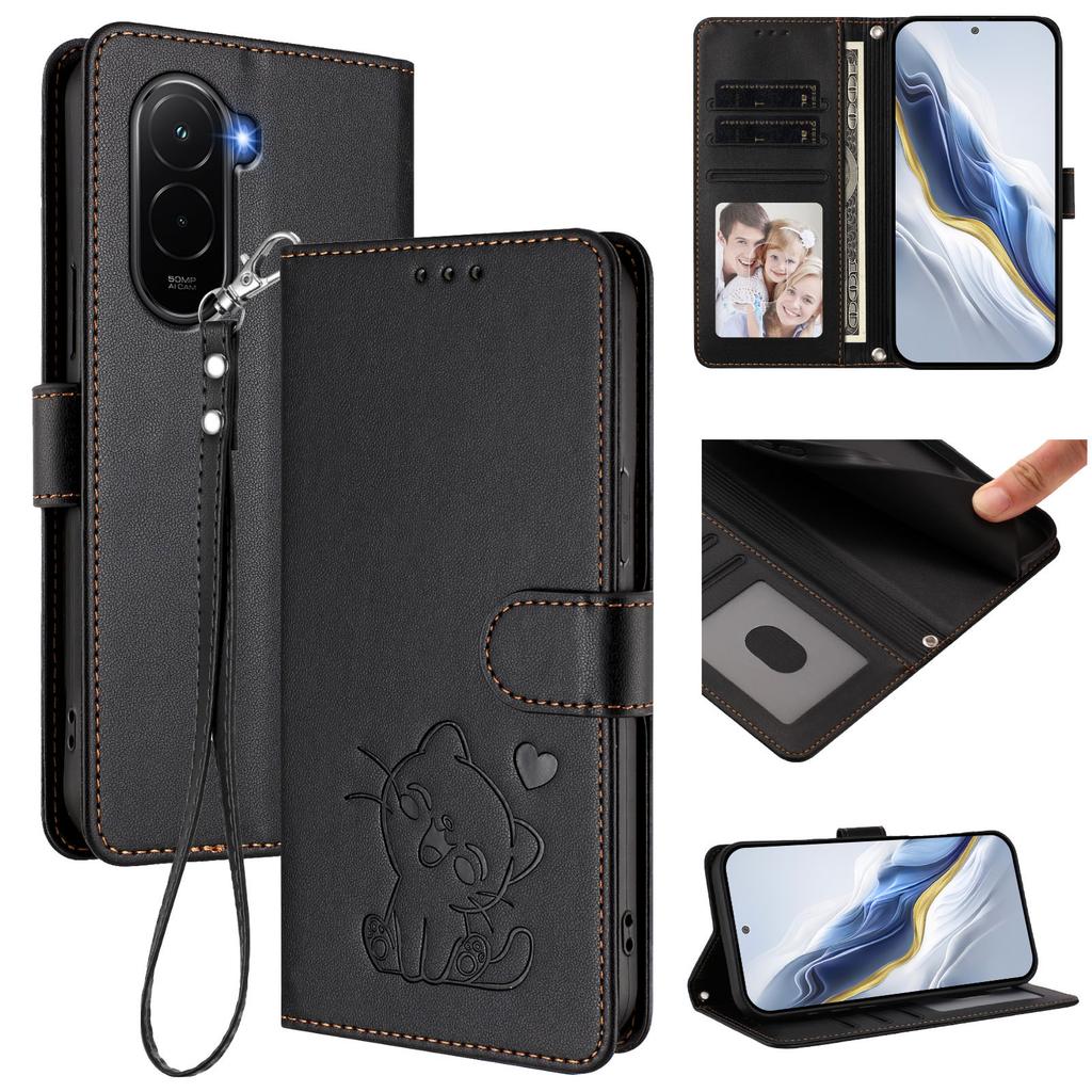For Xiaomi Poco M7 Plus 5G/M7 4G (169mm) Wallet Case with Wrist Strap Love Cat Pattern Imprint Leather Phone Cover