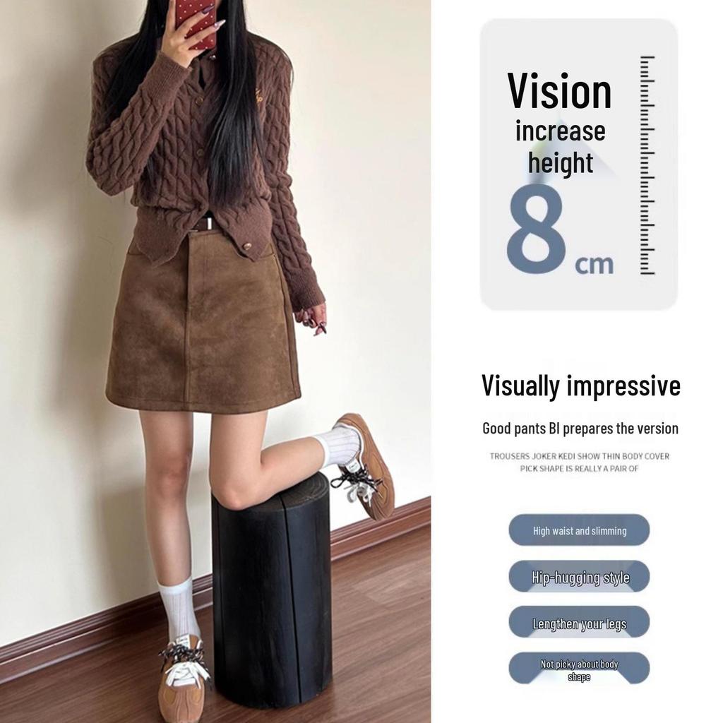 Women's Plus Size Brown Suede Hip-Hugging Short Skirt - Retro Designer Style for Spring and Autumn