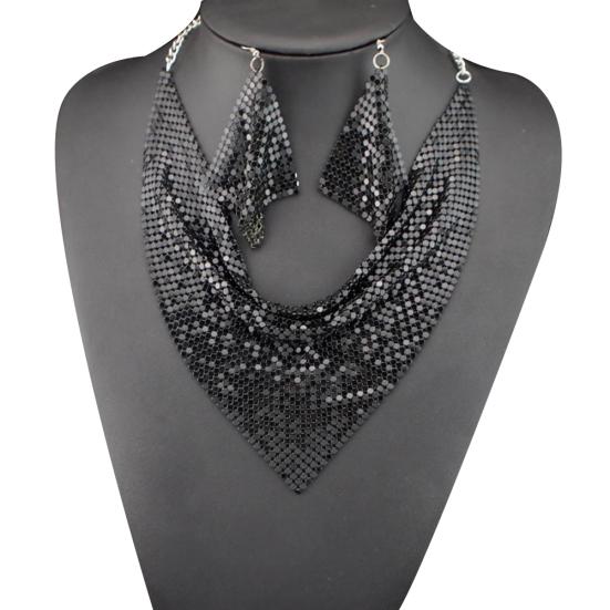 Fancy Trinket 2Pcs/Set Triangular Scarf Sequins Statement Bib Necklace Earrings