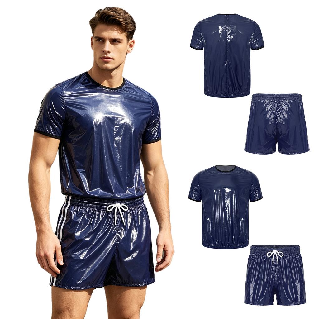 Men Waterproof Vinyl 2-Piece Swimsuit Short Sleeve Contrast Trim T-Shirt Top and Built-in Briefs Boxer Shorts for Clubwear Swimwear