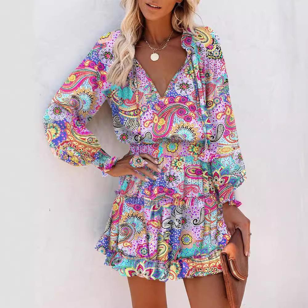 Trendy Women's Print V-Neck Waist-Cinching Dress with Long Sleeves