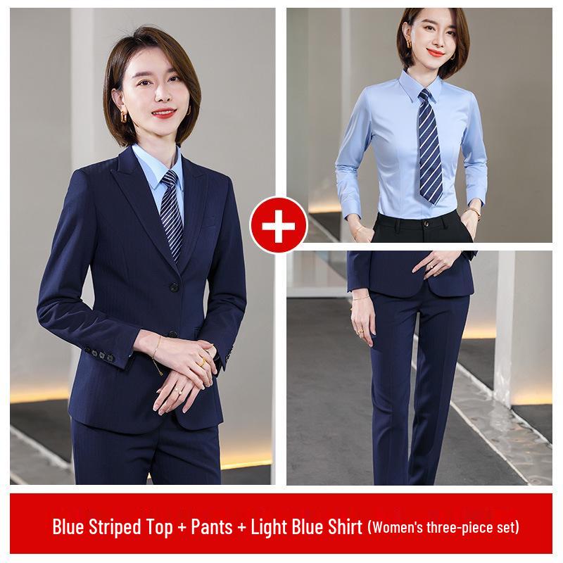 Unisex Professional Blue Suit Set for Civil Servant Interviews, Plus Size Available, Ideal for Hotel Work and Commuting.