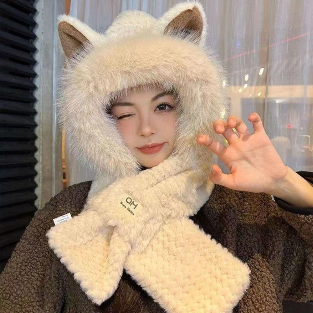 Korean Style Women Plush Hat with Scarf Casual Winter Scarf Winter Ear Hat Scarf Outdoor