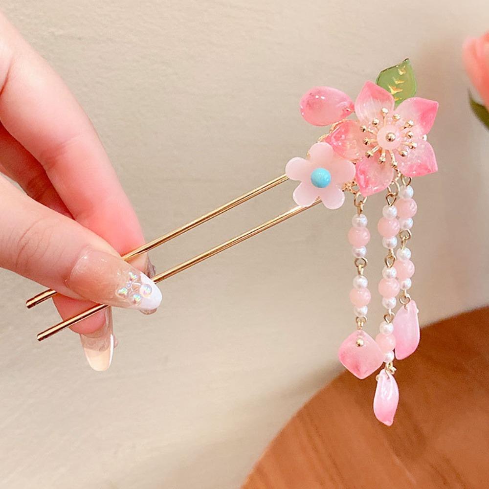 Ancient Style Peach Blossom Hairpin Vintage Chinese Headwear Sweet Antique Fringe Hairpin  Women