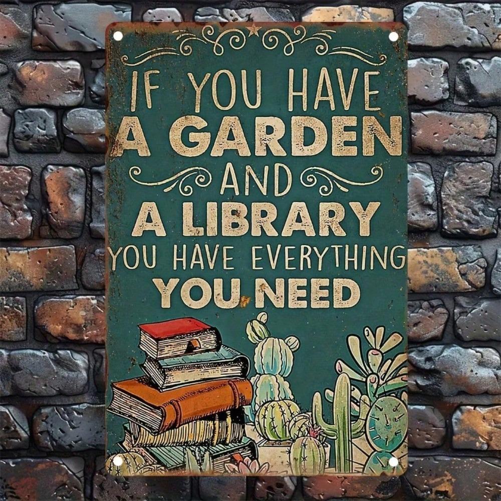 Vintage Garden Library Metal Sign Rustic Wall Art 8x12 Inch Home Decor Plaque