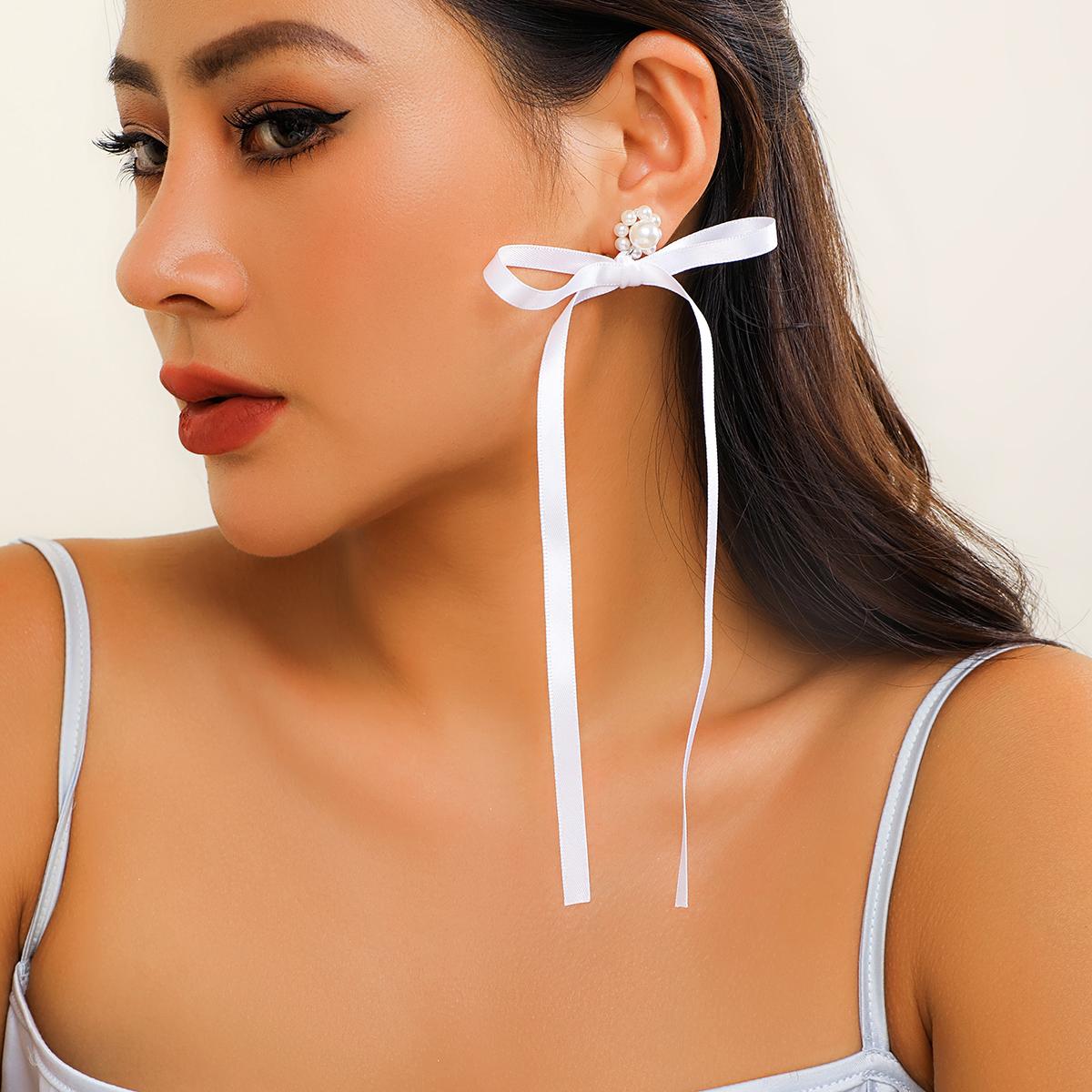 

Ingemark Trendy Elegant Imitation Pearl Long Ribbon Bowknot Stud Earrings Women Trendy Banquet Party Wed Bridal Ear Jewelry Gift белый