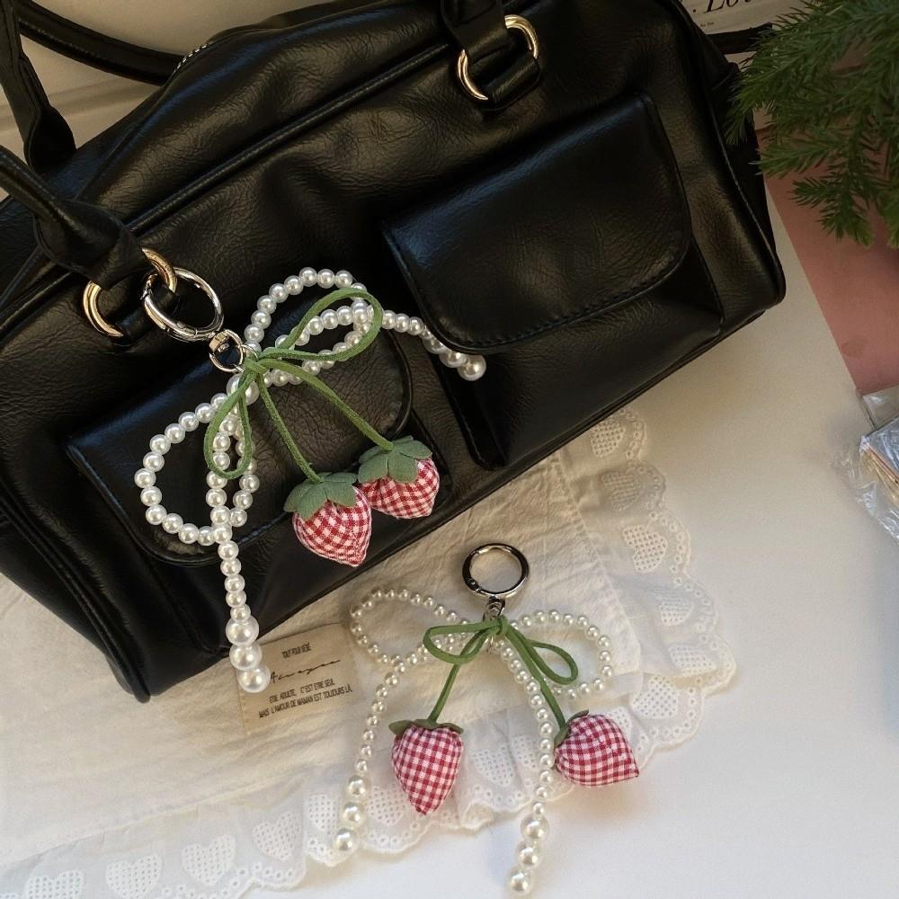 DIY Strawberry Bow Keychain Pearl Bowknot Mobile Phone Pendant  Women Bag Charm