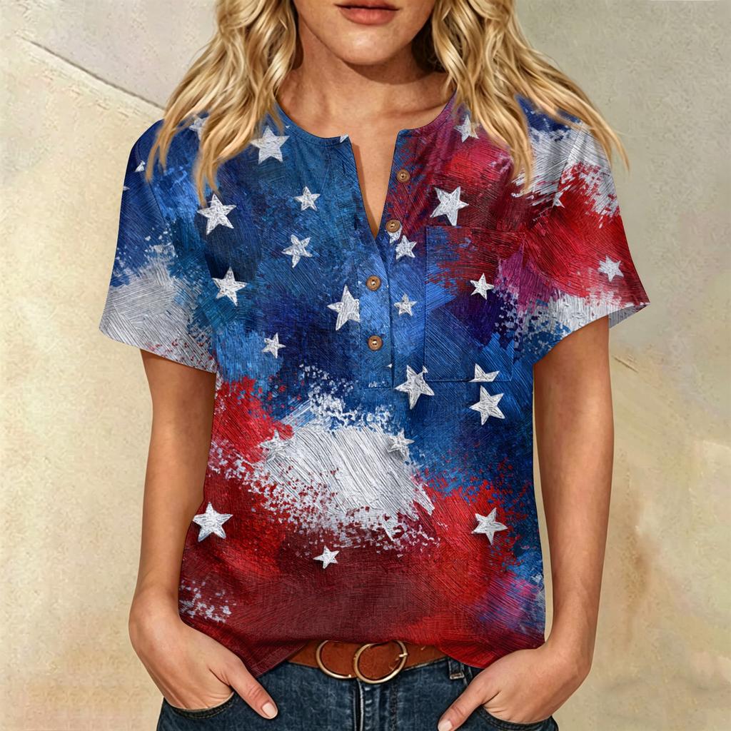 Women’s Casual Henley Button Neck Short Sleeve Cotton Linen Shirt with Chest Pocket and Independence Day Inspired Print Top