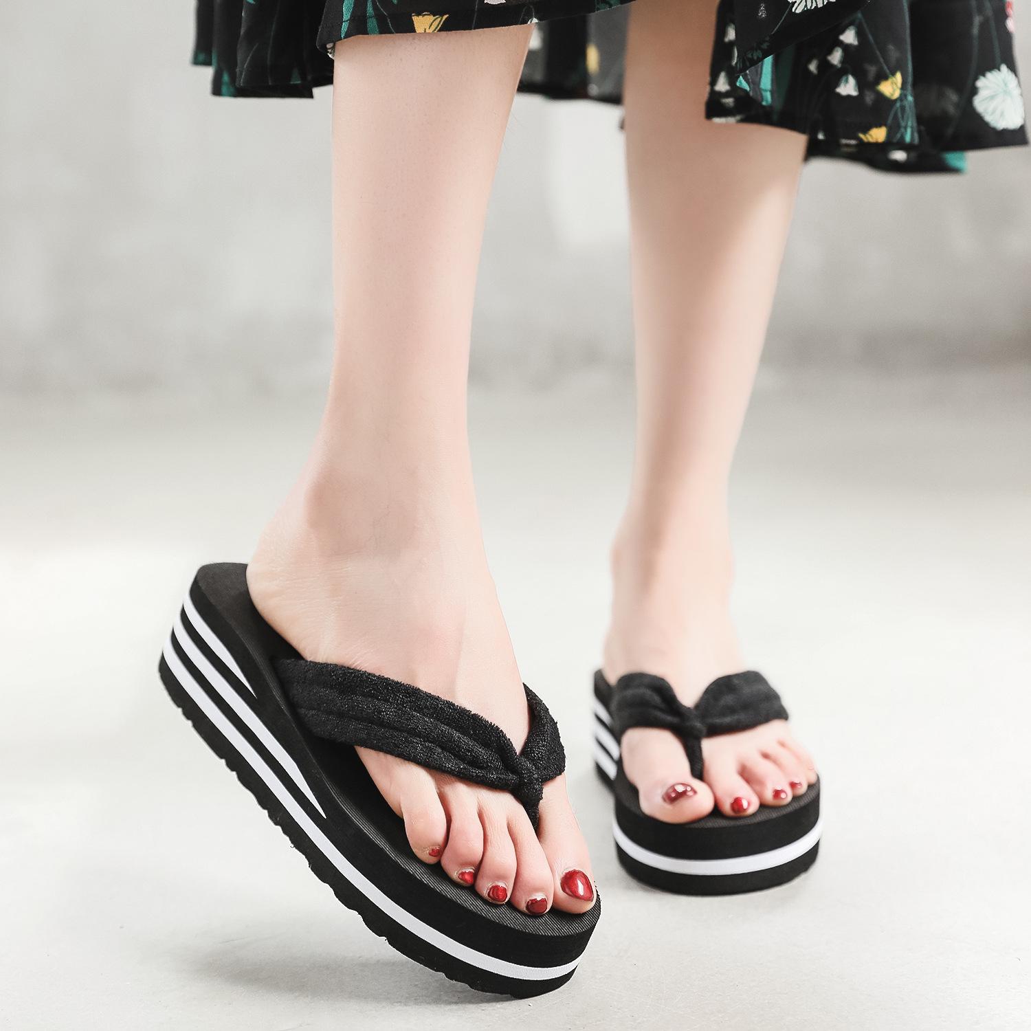 

Women s Wedge Heel Wave Sole Platform Flip-Flops - Handmade Towel Cloth Toe-Clip Slippers 40 чорний