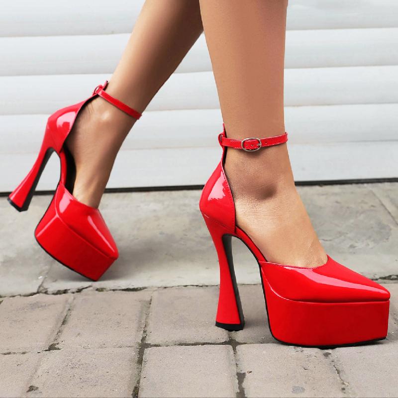 Sexy Damen High Heels Pumps Schuhe Plateau 2025 Knöchelriemen Schwarz Weiß Rot Absatz Tanzparty Hochzeitsschuhe Damen Große Größe