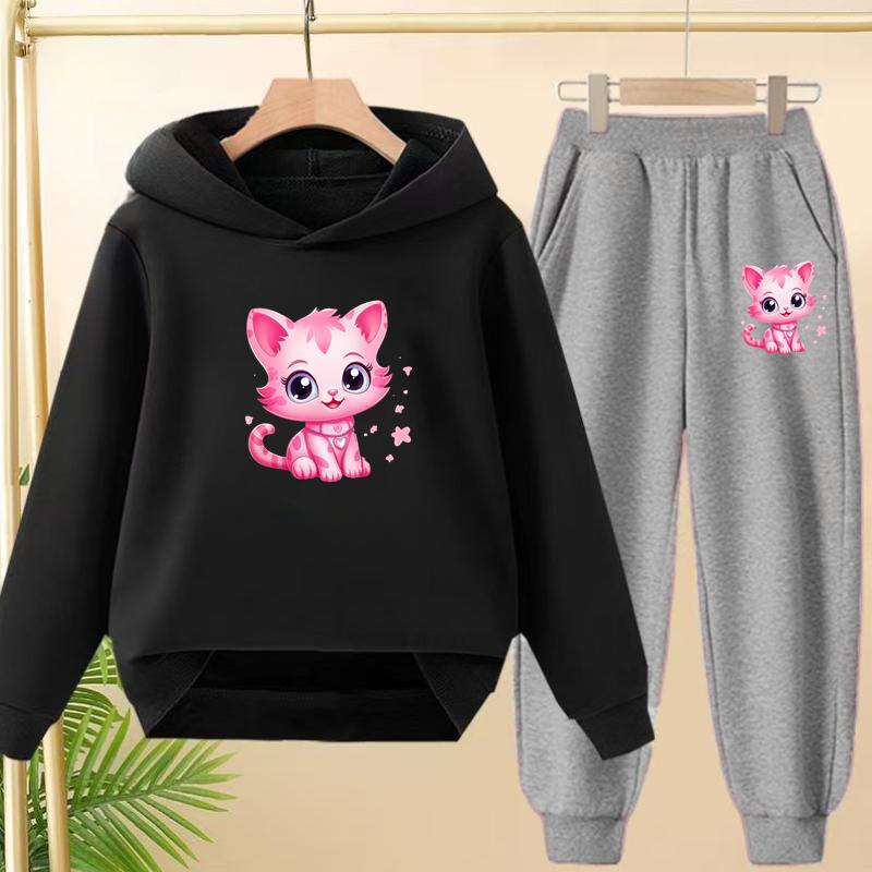 Children Clothes Sweatshirt Set Hooded Sweatshirt with Long Pants Cartoon and Lively Little Cat Girl Pink Set 3-13 Years Old Top
