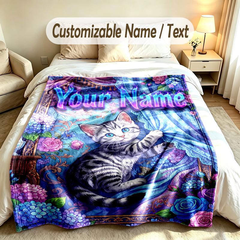 Cat Theme Soft Blanket Personalized Custom Name Text Print Warm Blanket Home Sofa Bedroom Decor