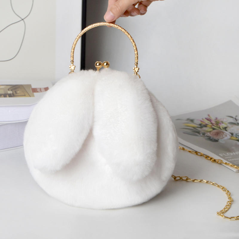Rabbit Shaped Fluffy Shoulder Bag Fashion Chain Crossbody Bag Plush Handbag Cute Zipper Purse For Valentine's Day