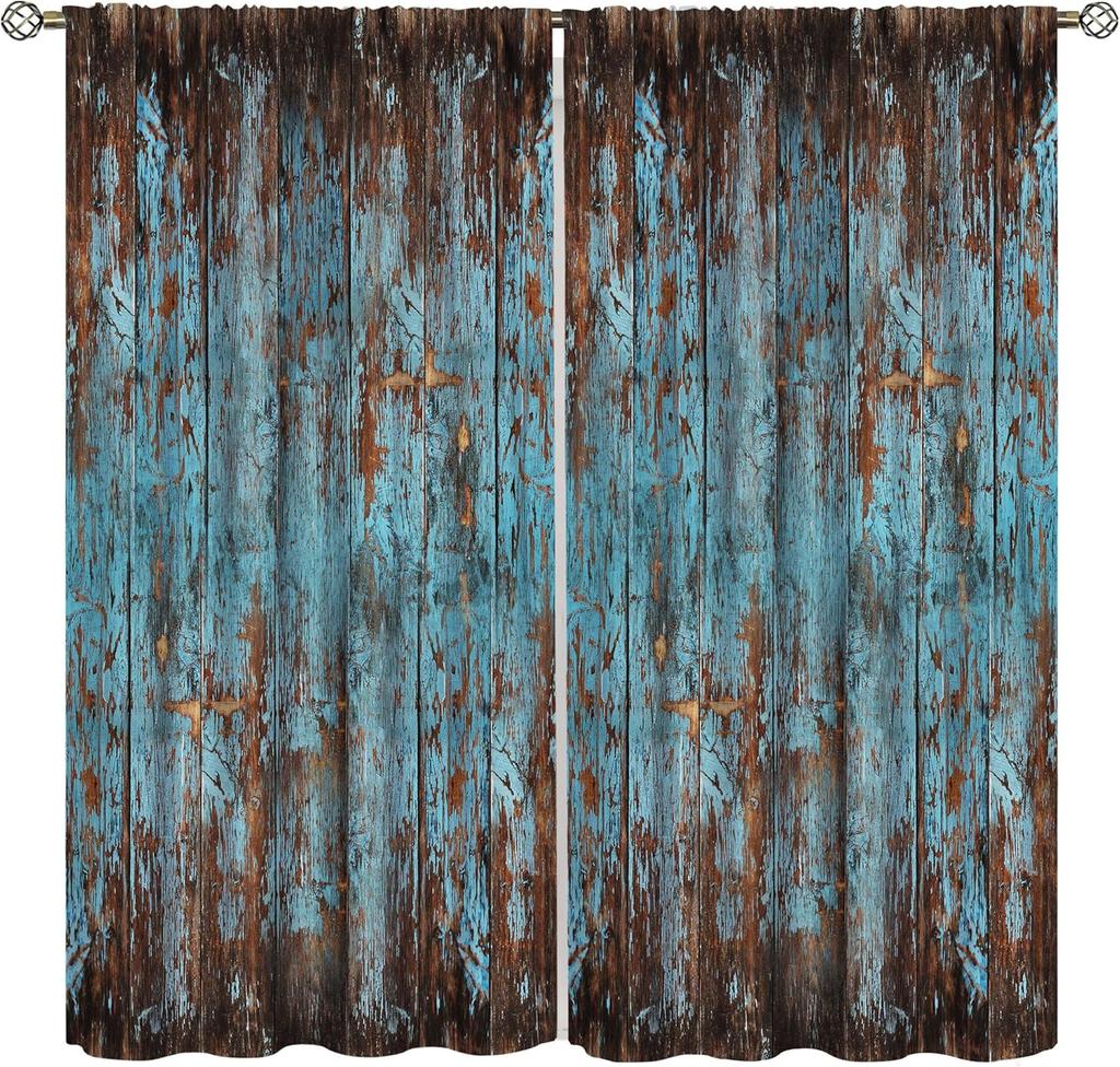 Retro Holz Verdunklungsvorhänge Rustikal Farmhaus Vintage Braun Blau Plankenstruktur Drucke Verdunklung Stangentasche Fensterdekorationen D