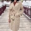 Autumn Winter Women Turn-down Collar Double Breasted Trench Office Lady Solid Long Trench with Belt