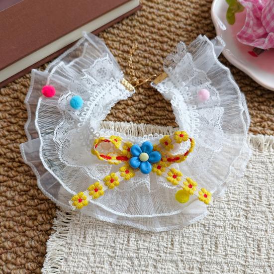 1 Set Cute Flower Cat Outfit Straw Sun Hat And Lace Ruffled Cat Bandana Bib Sweet Pet Accessory with Colorful Pom-Poms for Cats Dogs Photos Parties