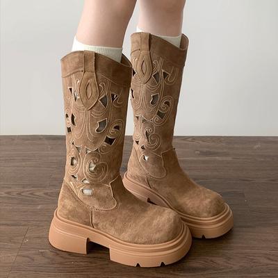 Retro britischer Stil aber kniehohe dicksohlige Stiefel Damen 2025 neu Frühling und Herbst erhöhend hohl V-Ausschnitt Ritterstiefel