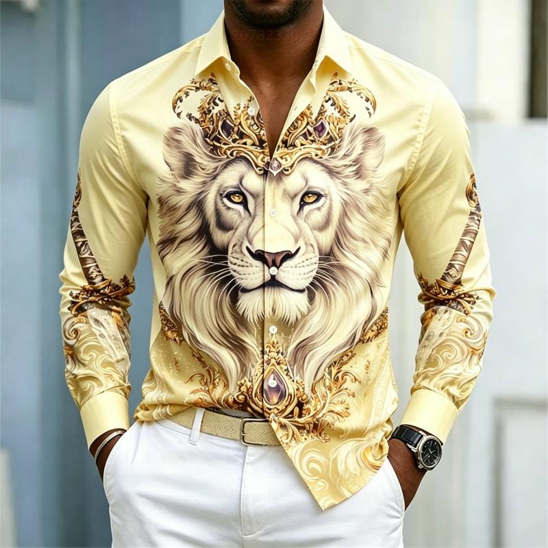 Camicia da uomo a maniche lunghe con colletto camicia Stampa Re Leone camicia business casual alla moda casual taglia grande vestibilità aderente top da uomo